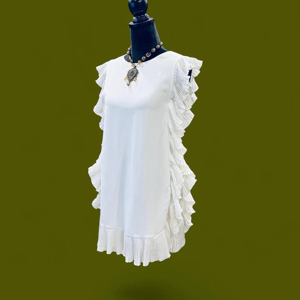TCEC White Pleated Ruffle Shift Dress S Coquette Bridal Reception Cocktail Mini